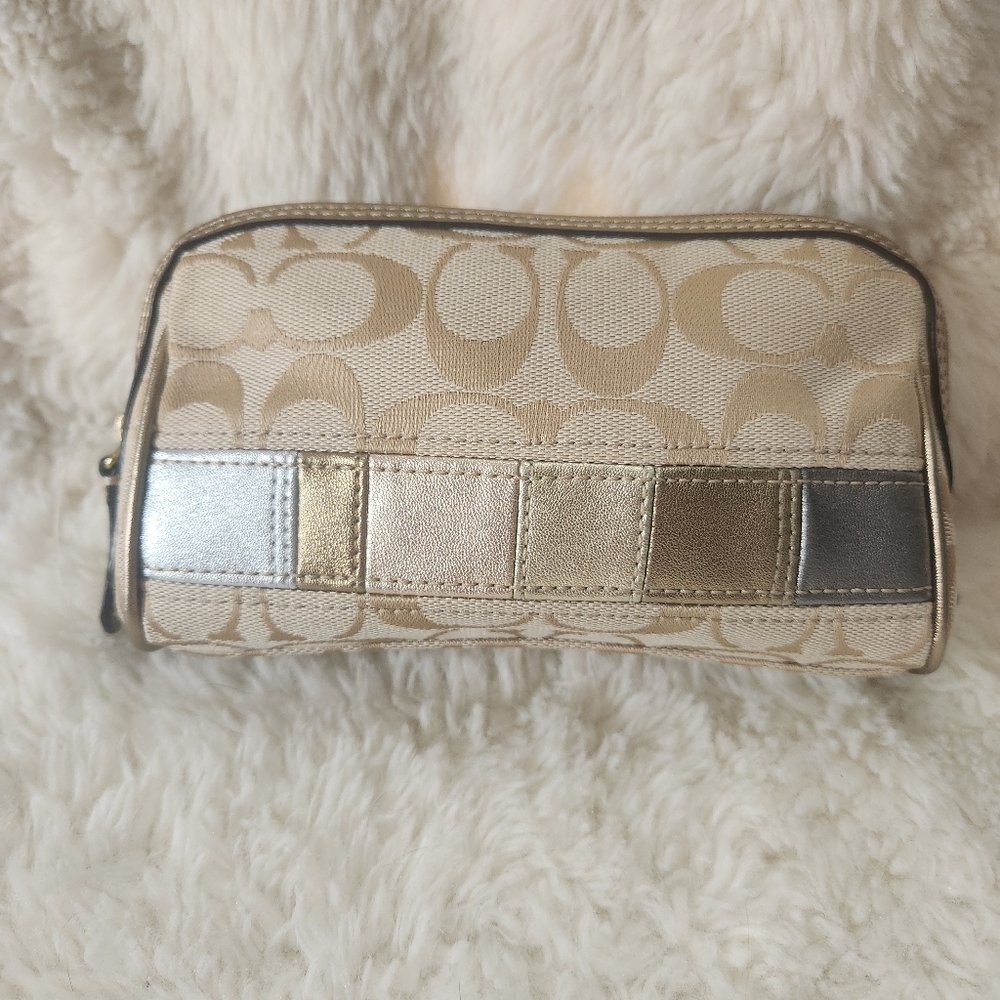 Vintage Coach Y2K Tan Signature Canvas Metallic Patchwork Cosmetic Bag Pouch EUC